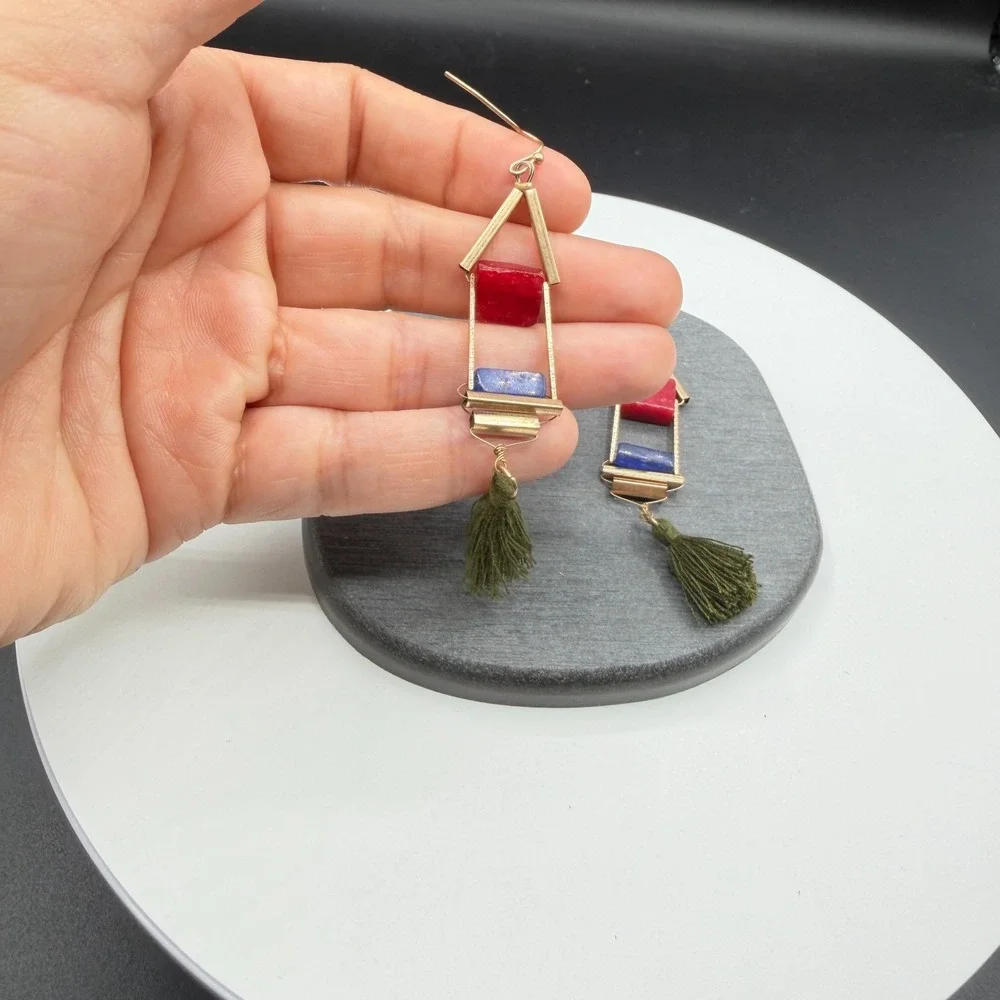 Gold Tone Red Blue Stone Olive Green Tassel Boho Geometric Dangle Earrings